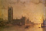 Westminister Abbey, The Houses of Parliament with the Construction of Wesminister Bridge by Henry Pether